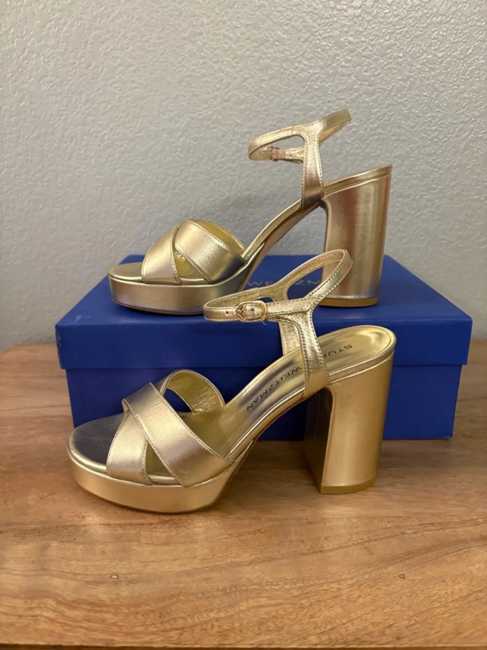Stuart Weitzman Metallic Gold Platform Block Heel Sandals